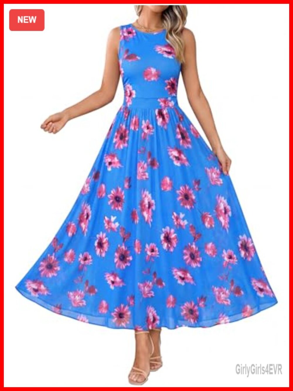Sleeveless Floral Mesh Maxi Dress Crewneck High Waist A Line Sundress